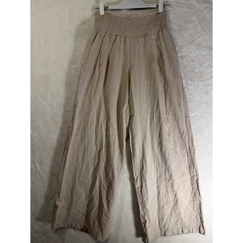 Chouyatou Womens Linen Blend Wide Leg Pants Beige Smocked High Waist Boho XL